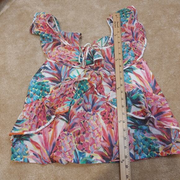 J. Crew Size 2 Floral Frilly Blouse Vibrant Pineapple Floral Pink Green White - Picture 4 of 7